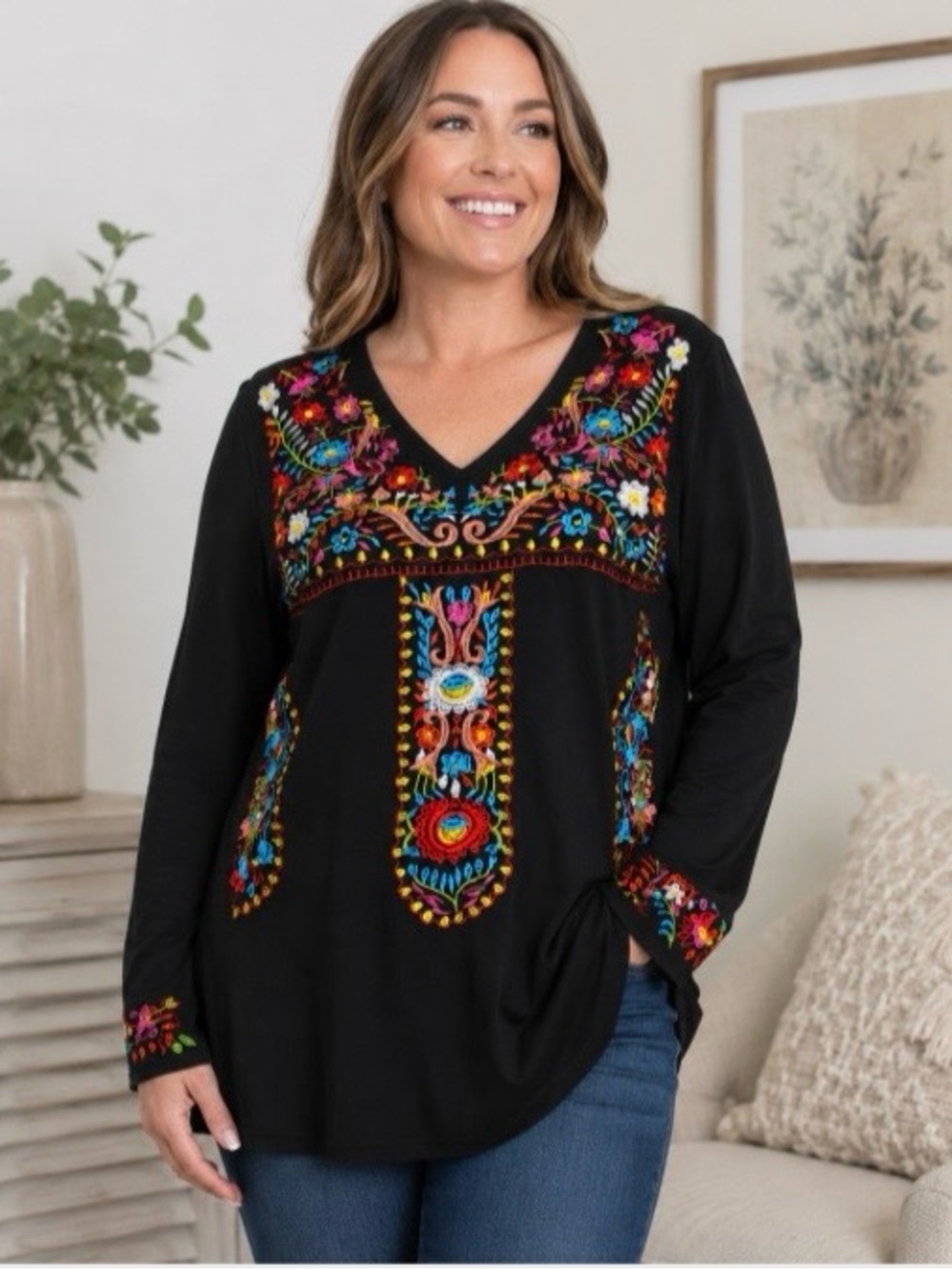 Womens Sz Large Black Top Multi-Color Floral Embroidered Long Sleeves Knit Boho